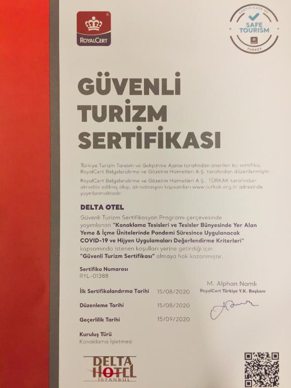 Certifikát, hodnocení, plakát nebo jiný dokument vystavený v ubytování Delta Hotel Istanbul & Old City