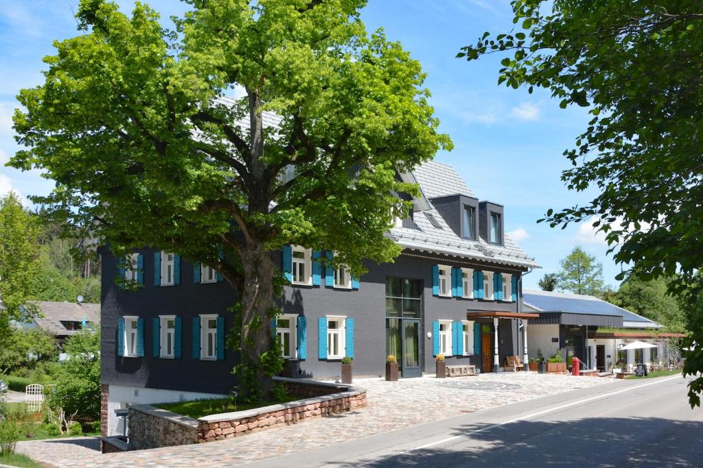 a house with a tree in front of a street at die Säge in Niedereschach