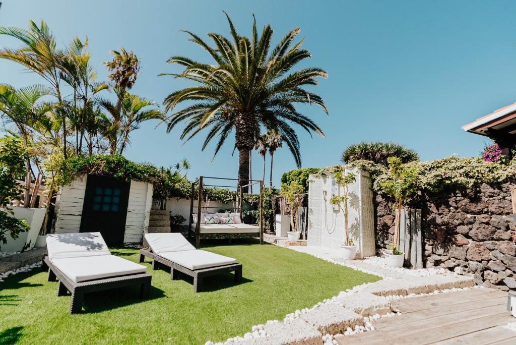 a garden with two benches and a palm tree at Casa La Fula Negra in Los Realejos