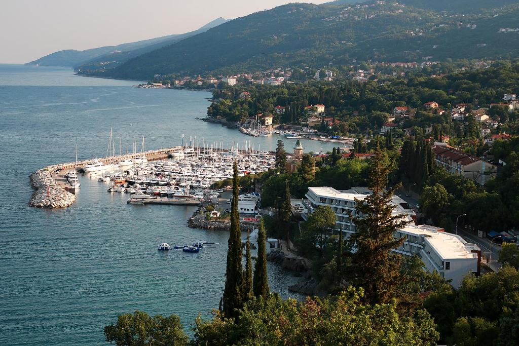 an aerial view of a marina with boats in the water at Apartments Liliane Fantasy view in Opatija