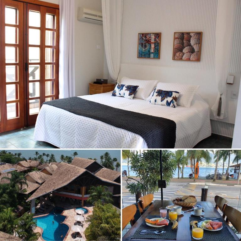 a hotel room with a bed and a pool at Suite Ilhaflat in Ilhabela