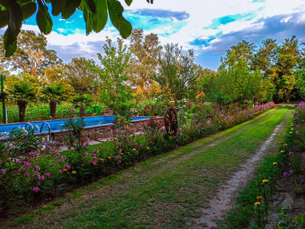 un jardin avec des fleurs colorées et un chemin dans l'établissement Danica House, à Krivolak