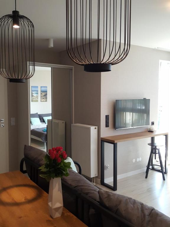 Televízia a/alebo spoločenská miestnosť v ubytovaní Apartament Bel Mare D 411
