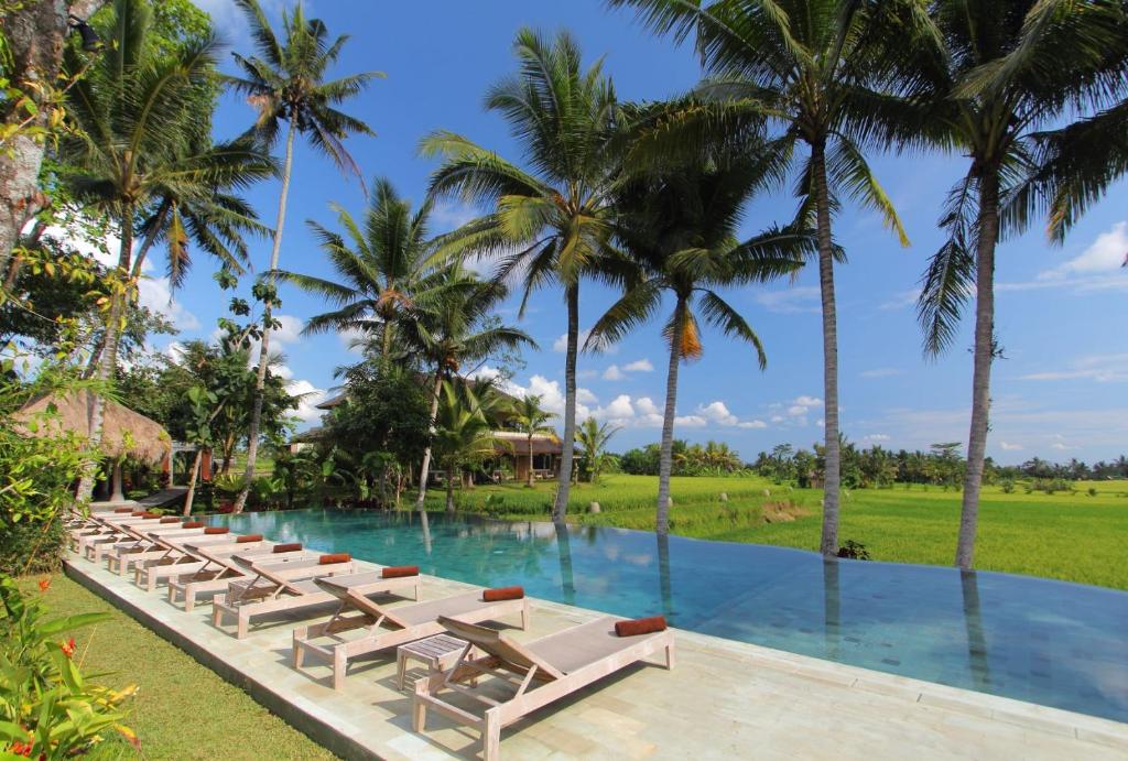 a pool at the resort with lounge chairs and palm trees at MATHIS Retreat Ubud in Ubud