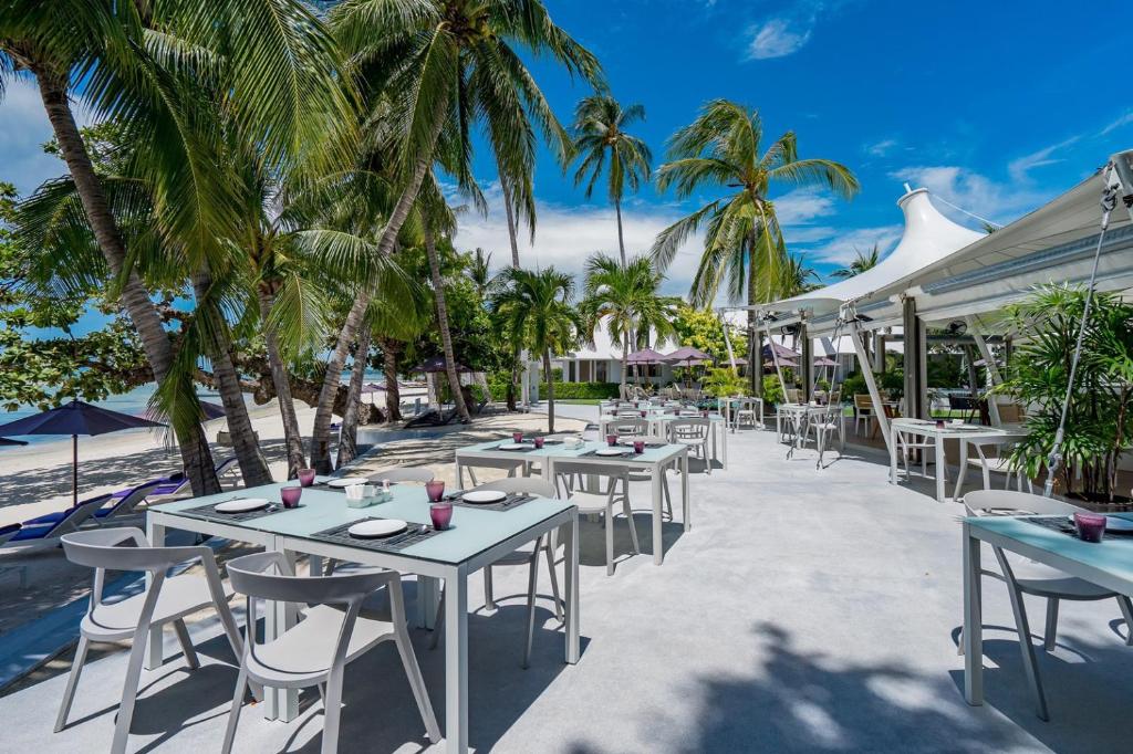 a row of tables and chairs on the beach with palm trees at La Vida Samui in Chaweng