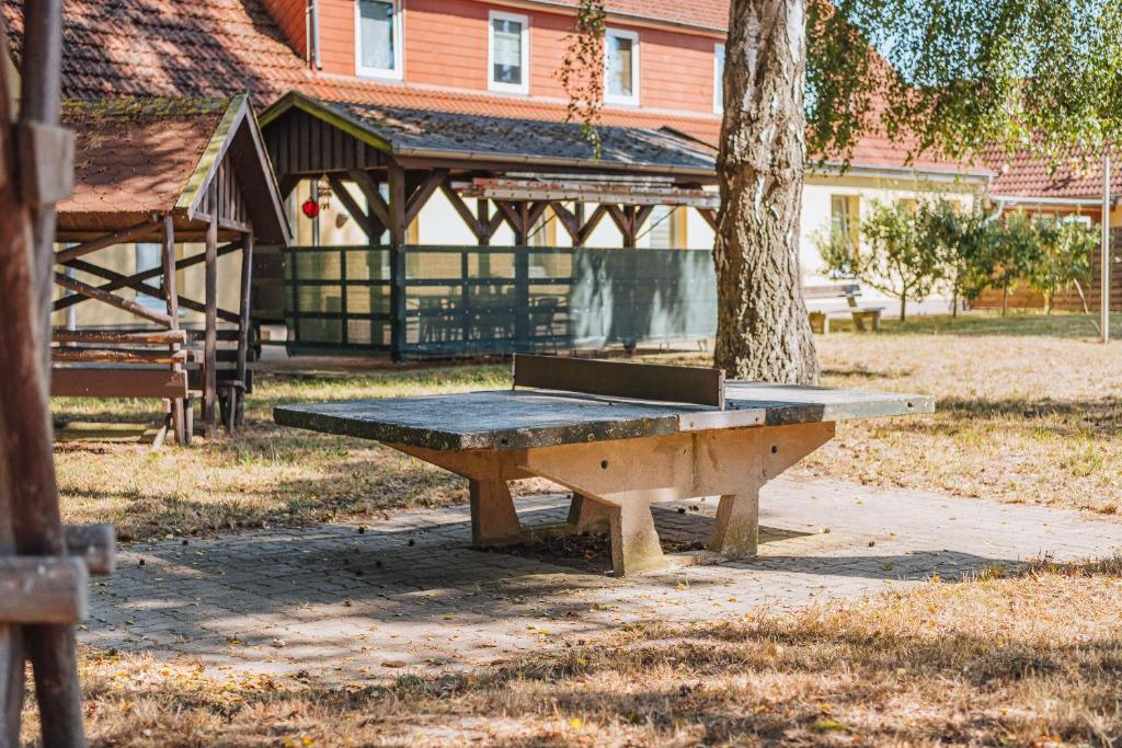 a ping pong table sitting next to a tree at XXL Ferienhaus Dierhagen Strand in Dierhagen