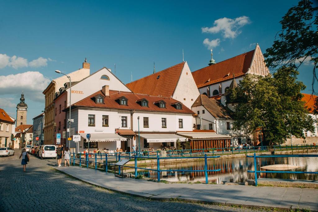 a street in a town with buildings and a canal at Hotel Klika in České Budějovice