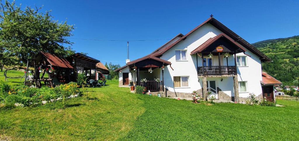 a white house with a brown roof on a green field at Casa Elena in Bran