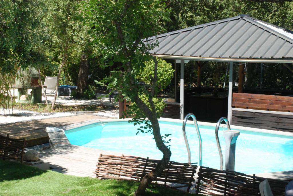 - une piscine avec un kiosque et un arbre dans l'établissement VILLA TERRE NEUVE, à Signes