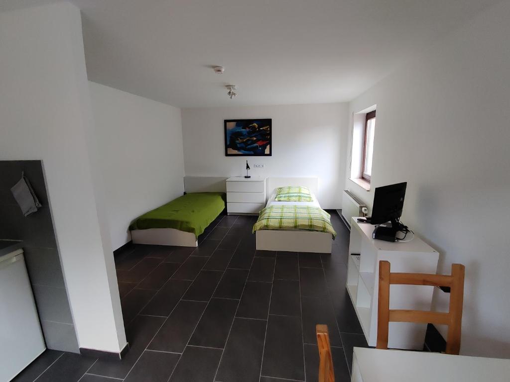 Habitación con 2 camas, escritorio y TV. en Ferienwohnung Kerstin Grambow, en Vaihingen an der Enz