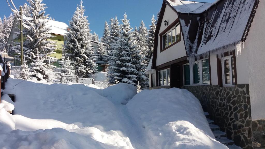 un cumulo di neve davanti a una casa di Cabana Rânca a Ranca