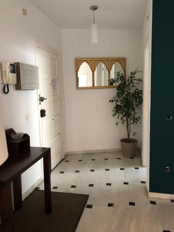 a hallway with a table and a potted plant at Apartamento Los Olivos Jerez in Jerez de la Frontera