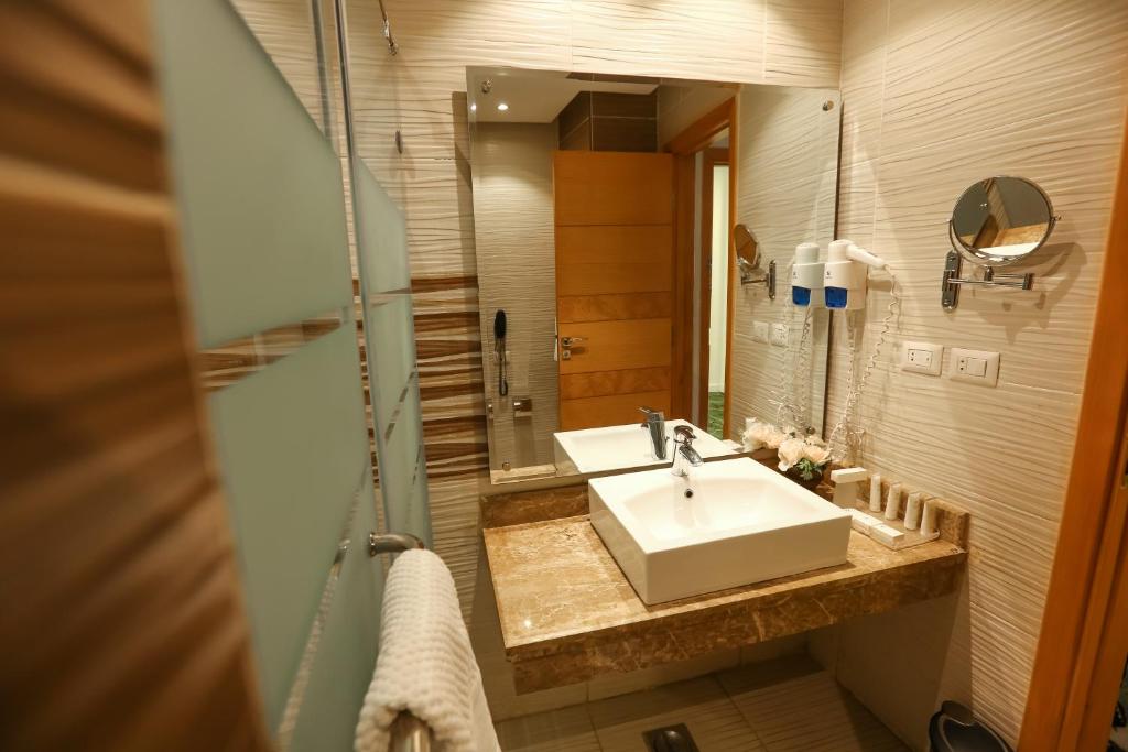 a bathroom with a sink and a mirror at Tolip El Narges in Cairo