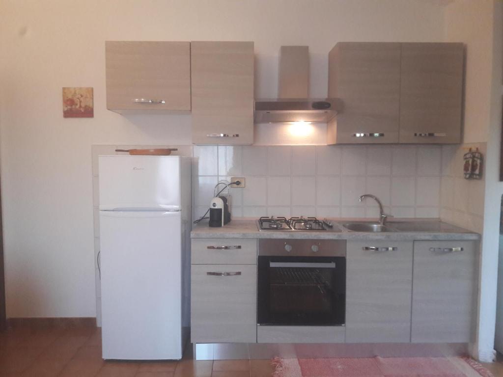 ポルト・オッティオルにあるAppartamento Ottiolu Mareのキッチン(白い冷蔵庫、シンク付)