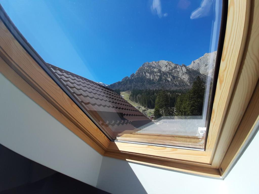 a window with a view of a mountain at Kalinderu SKIER'S APARTAMENT BELLEVUE in Buşteni