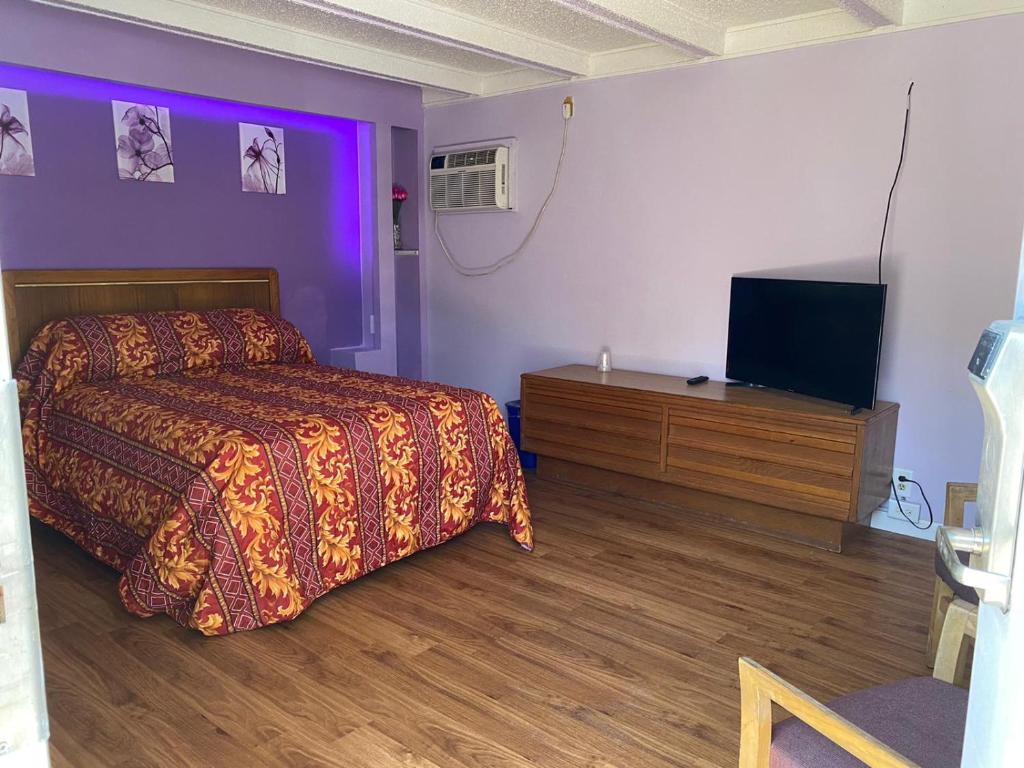 a bedroom with a bed and a flat screen tv at Des Plaines Motel in Des Plaines