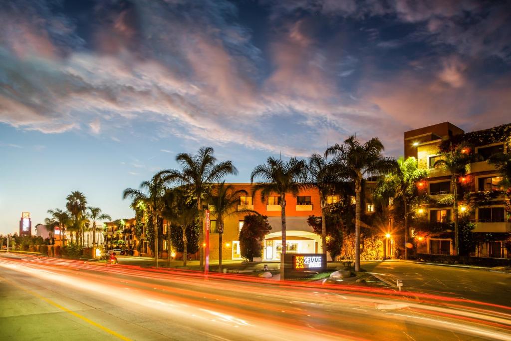 a city street with buildings and palm trees at night at Gamma Tijuana in Tijuana