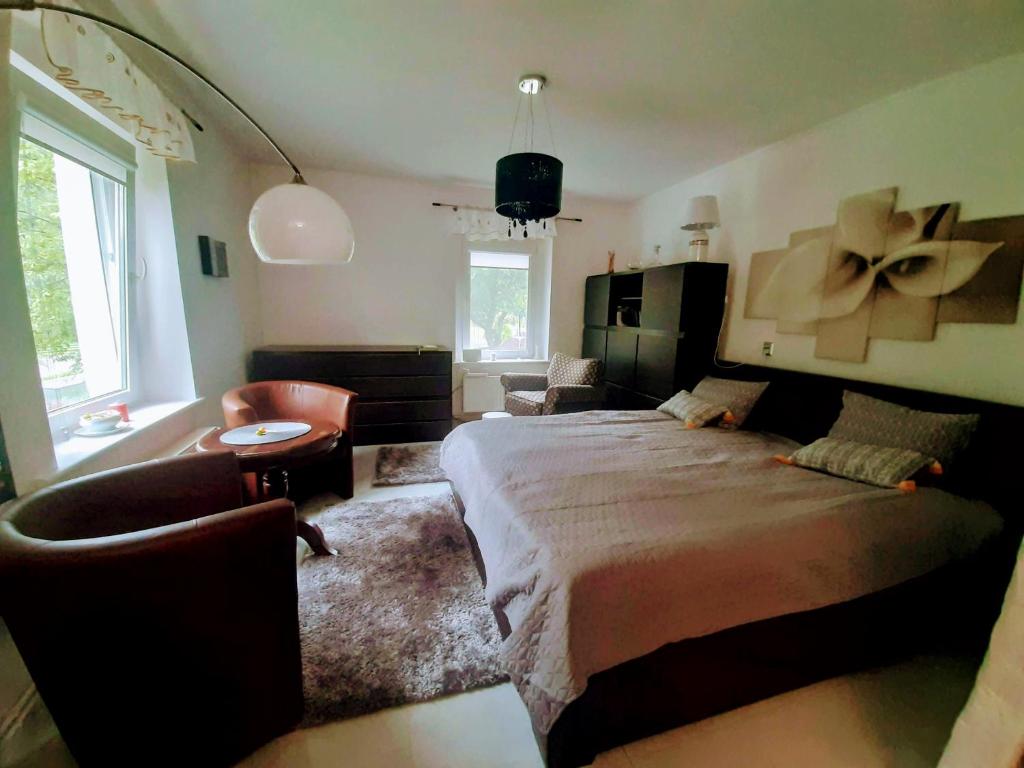 1 dormitorio con 1 cama grande y ventilador en la pared en WYPOSAŻONY apartament przy strumyku w Górach Sowich, Netflix i Smart TV, Odpocznij w naturze!, en Walim