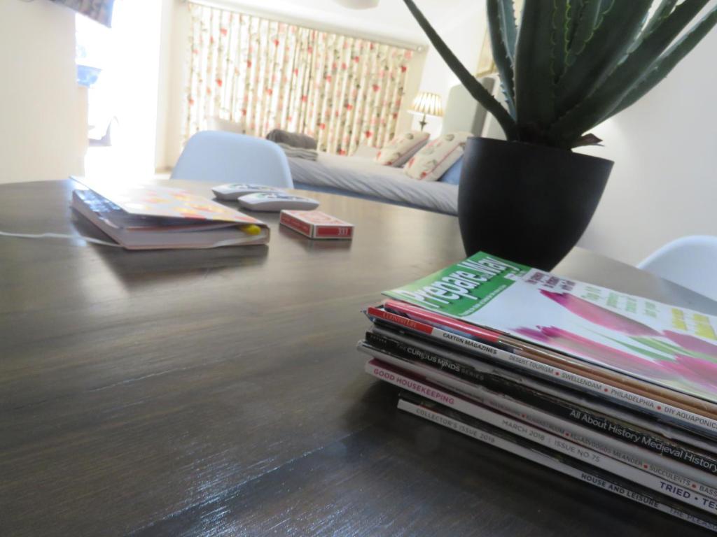 uma pilha de livros sobre uma mesa com um vaso de plantas em The Bunker em Champagne Valley