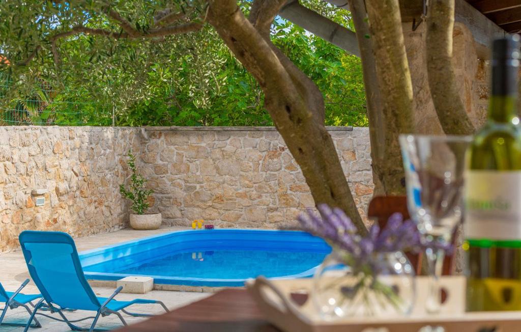 a table with a bottle of wine next to a swimming pool at Holiday house with pool and whirlpool Sara in Betina
