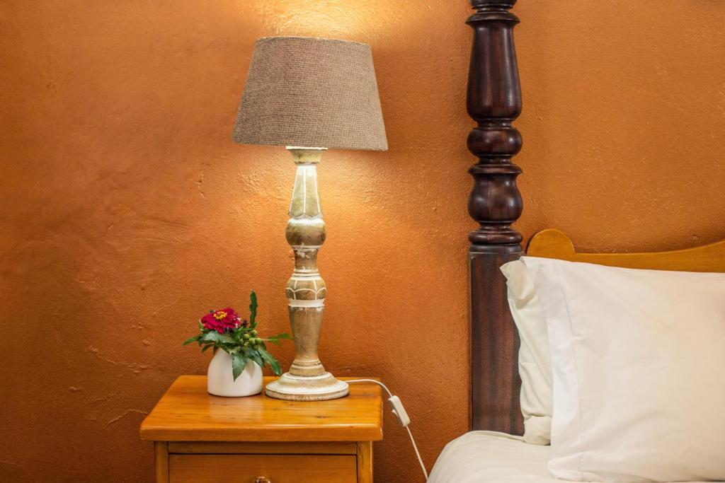 a lamp on a night stand next to a bed at Wittedrift Manor House in Tulbagh