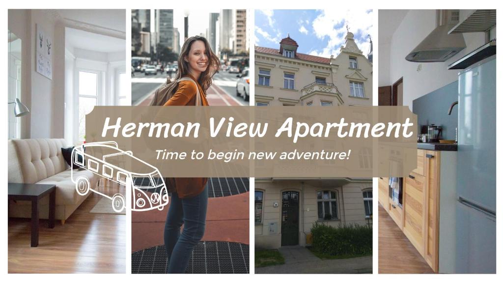 a collage of photos with a woman standing in aartment at Herman View Apartment in Grudziądz