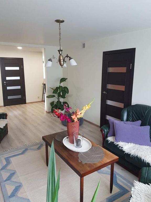 uma sala de estar com um sofá e uma mesa de centro em Kaimo apartamentai! em Budraičiai