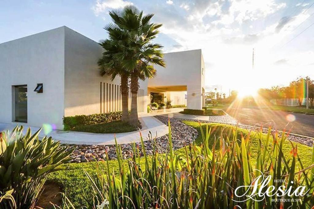 a building with a palm tree in front of it at Alesia - Boutique Hotel & Spa in Aguascalientes