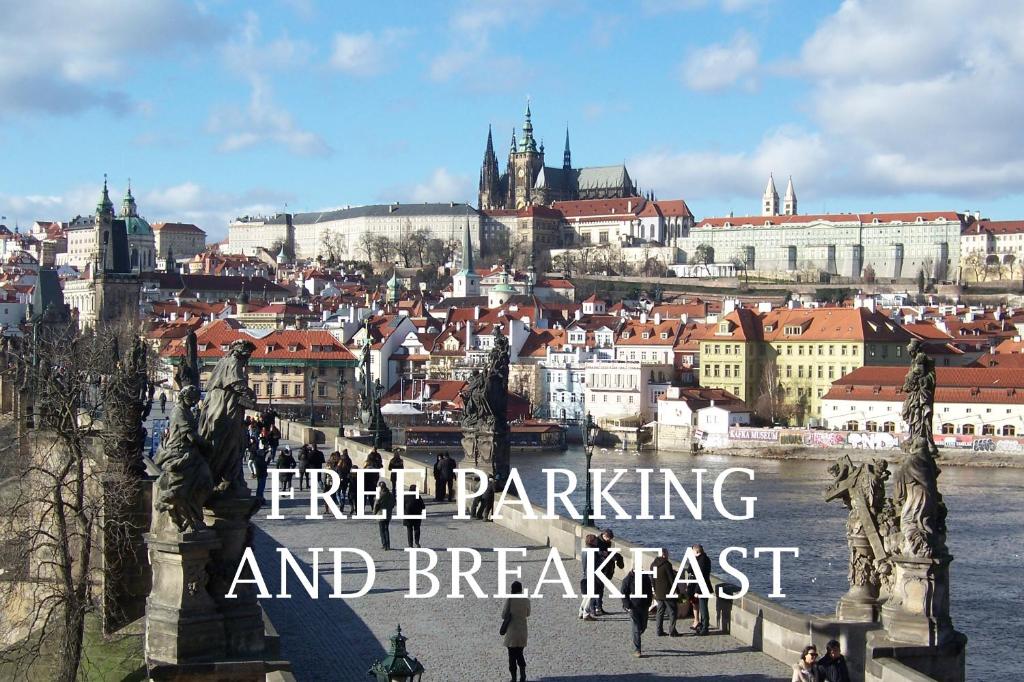 a view of a city with text free parking and breakfast at Apartments near Lesser Town in Prague