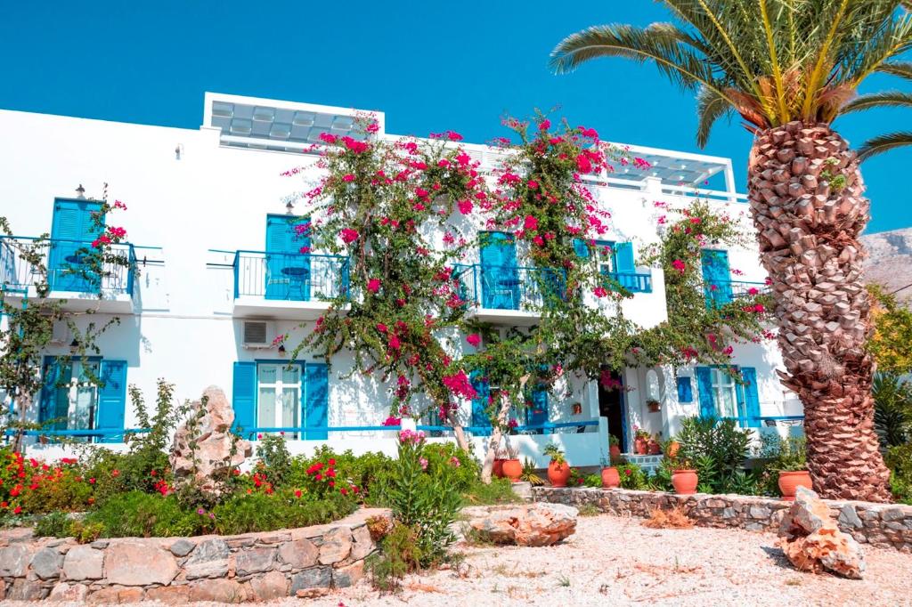 a white building with blue windows and a palm tree at Pension Askas in Aegiali