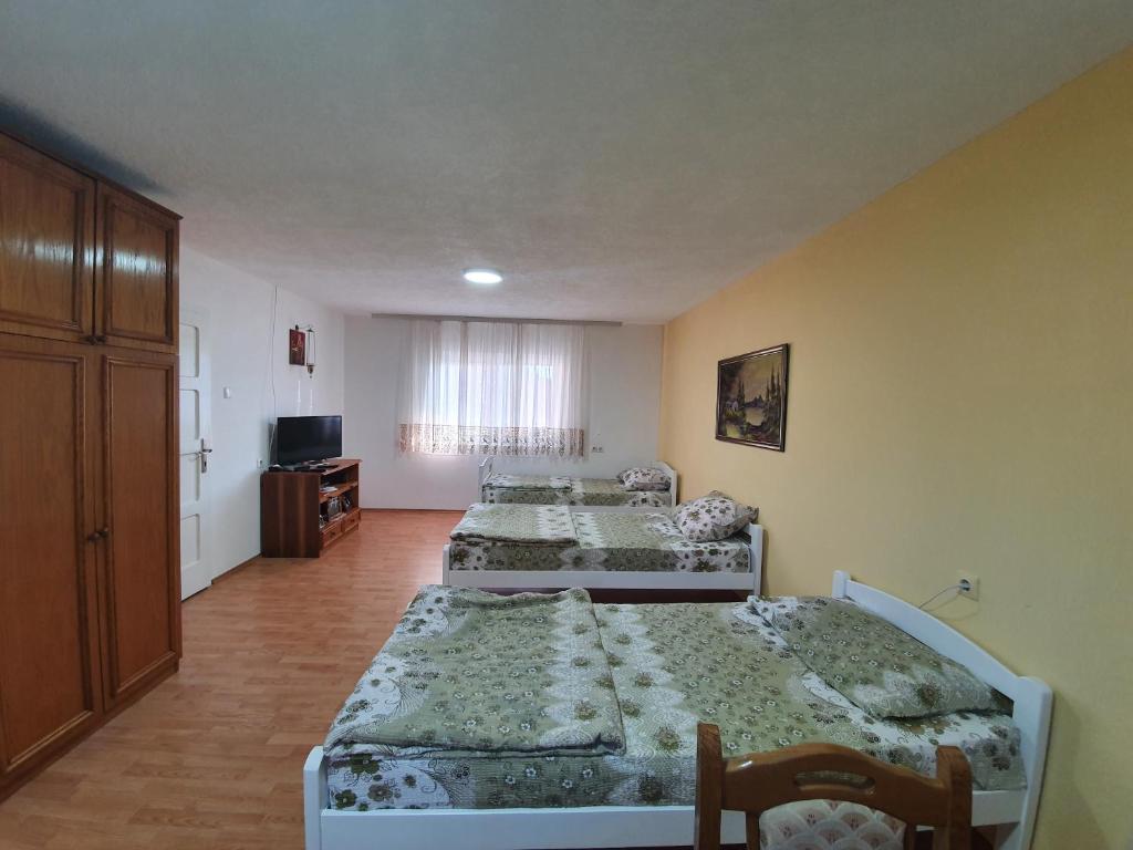 a room with four beds and a television in it at Caričin konak in Peta