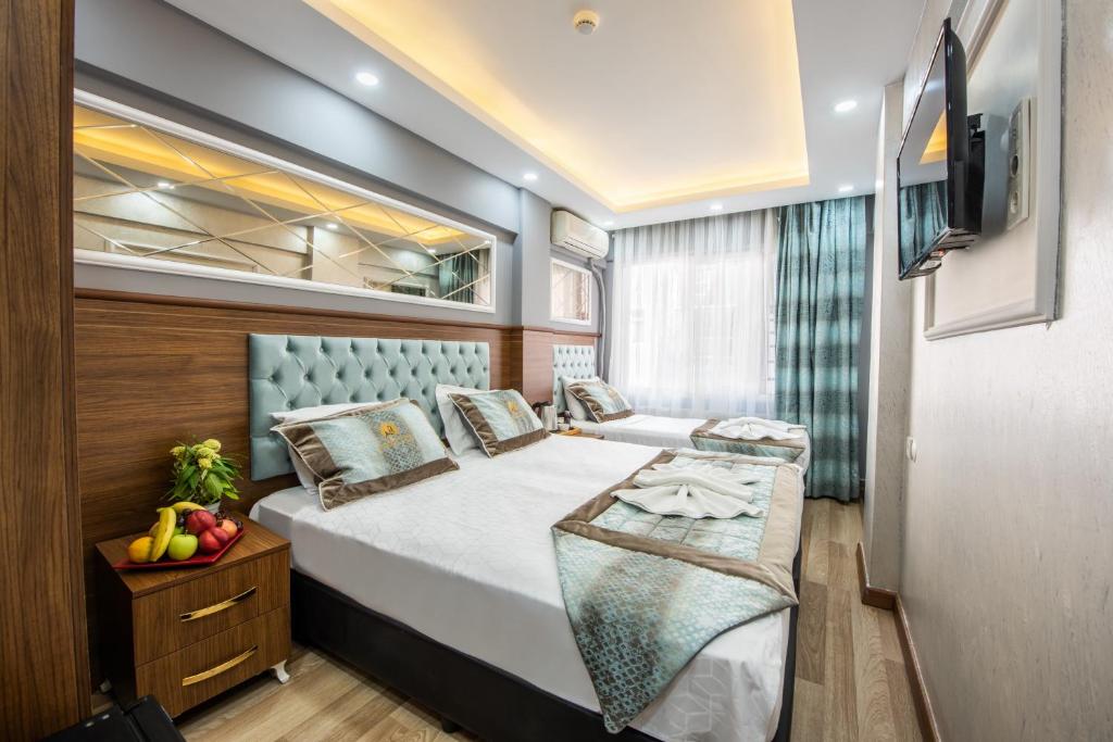 Istanbul Sirkeci Hotel في إسطنبول: غرفة نوم بسرير كبير وتلفزيون