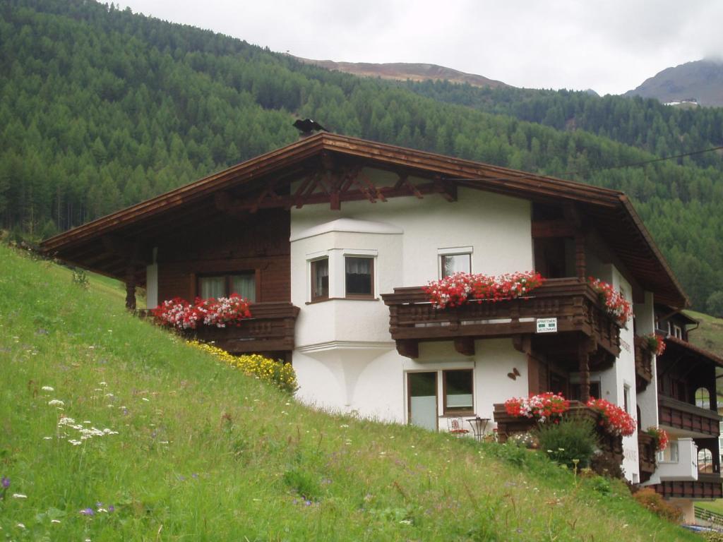 a house on the side of a hill with flowers at Appartement Harmonie in Sölden