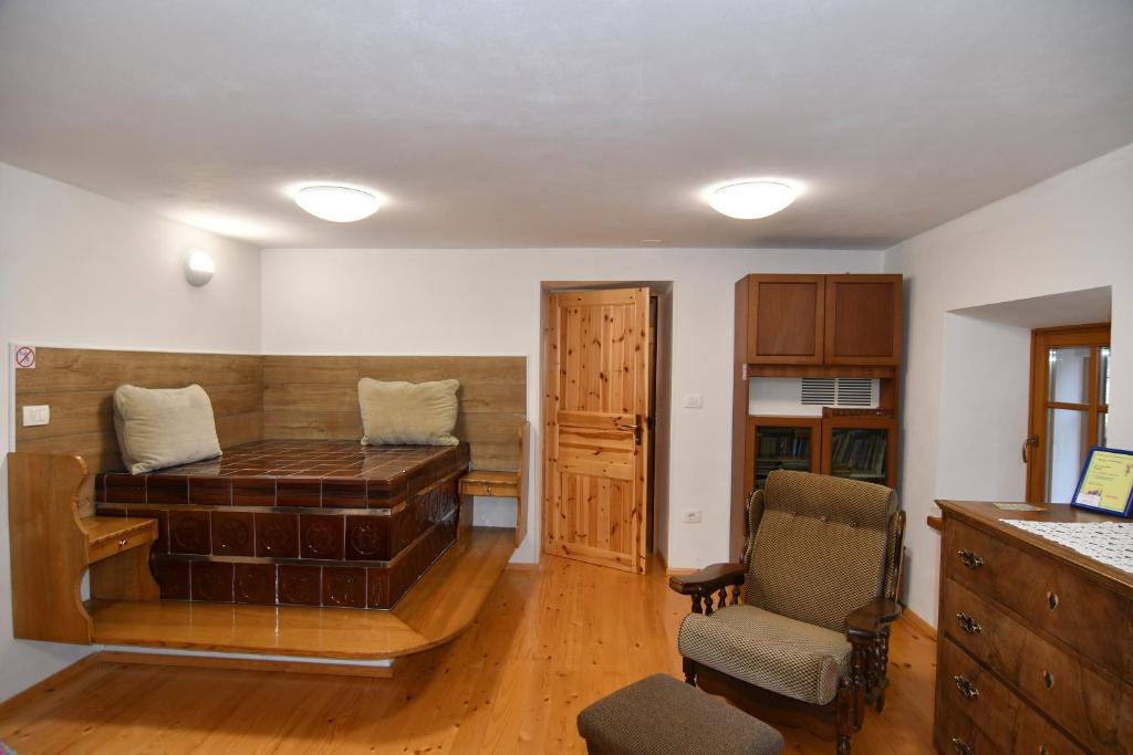 Apartment Perunika في سيركنو: غرفة بها موقد خشب وكرسي