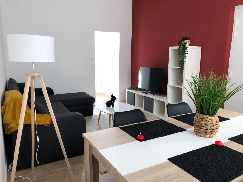 sala de estar con sofá y TV en Appartement 6pers spacieux et fonctionnel en Saumur