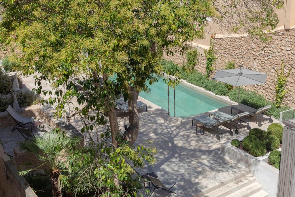 an overhead view of a pool with a table and a tree at Can Aulí Luxury Retreat - Adults Only in Pollença