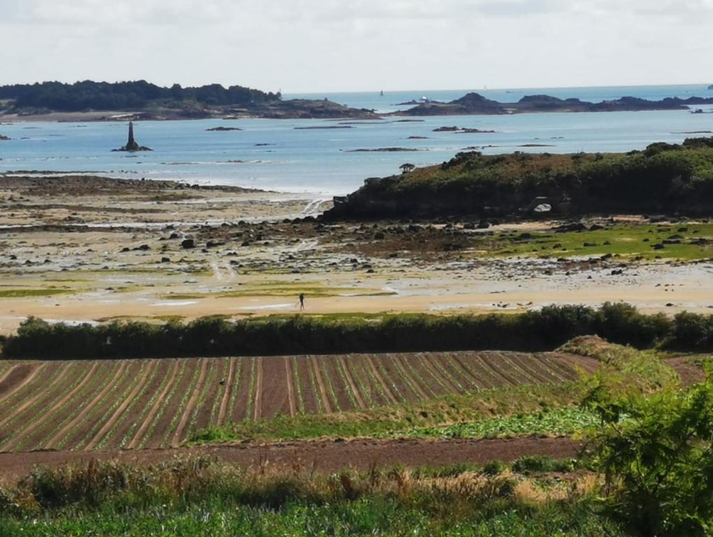 a view of a beach and the ocean at Ty Koad in Lanmodez