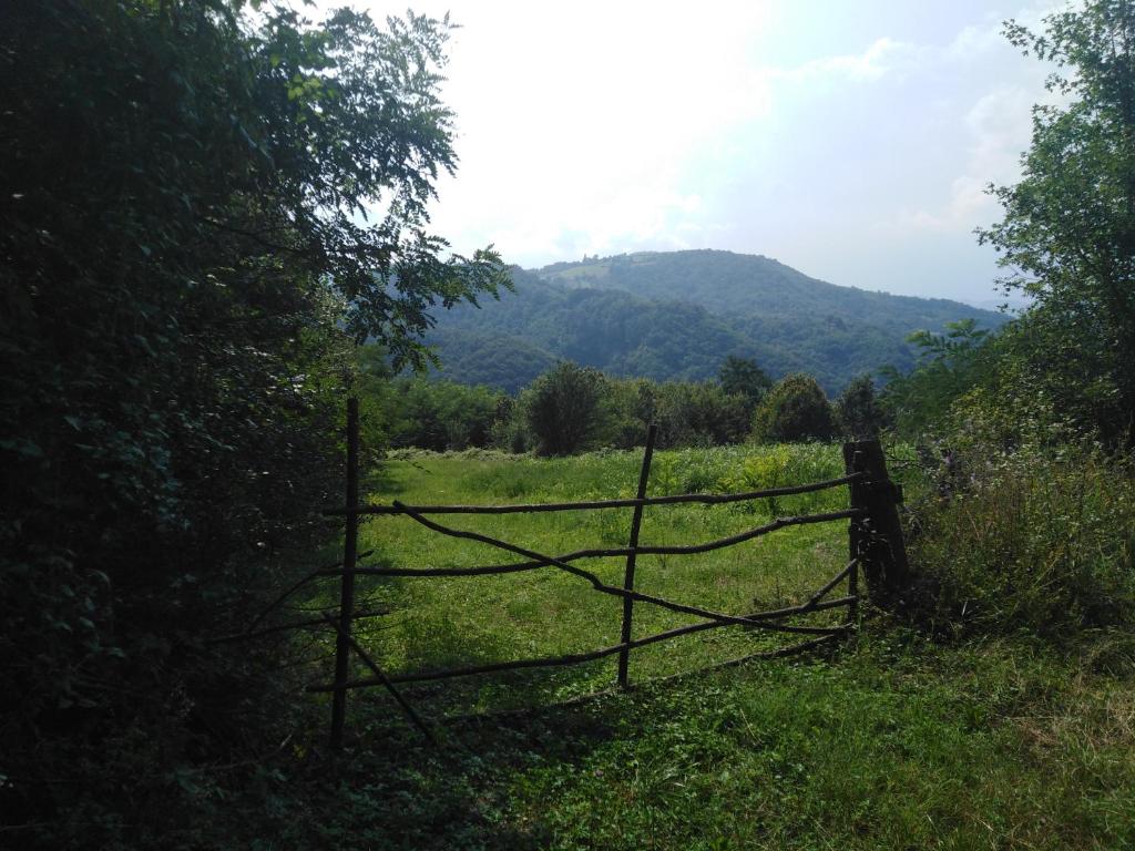 a fence in a field with mountains in the background at Guesthouse Smiljanić in Slavkovica