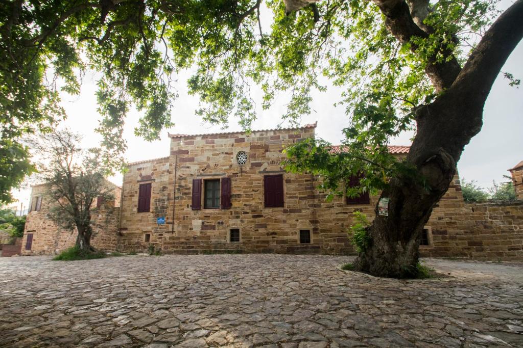 a stone building with a tree in front of it at Archontiko Riziko in Kambos