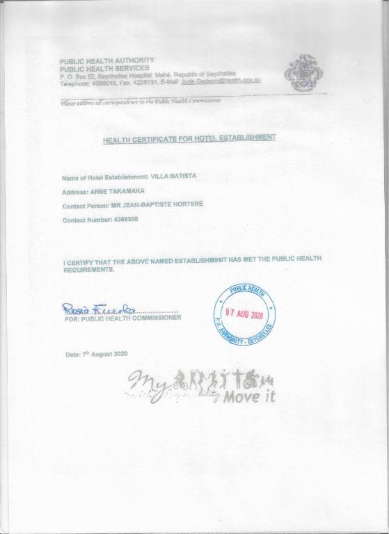 Certifikát, hodnocení, plakát nebo jiný dokument vystavený v ubytování Villa Chez Batista