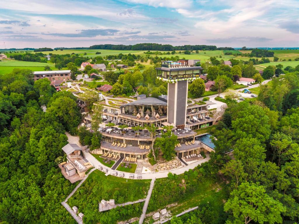 an aerial view of the resort with the tower at Mawell Resort in Langenburg