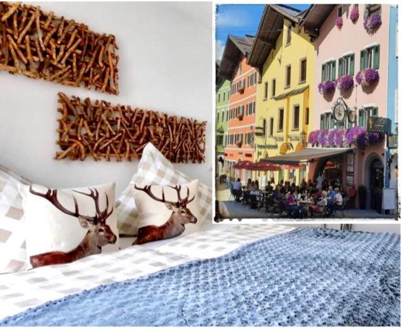 two pictures of a bed with two deer heads on it at BELLE KITZ PURE im Zentrum by Belle Stay in Kitzbühel