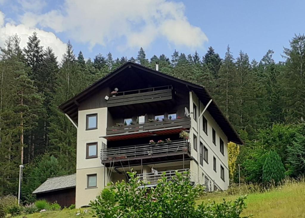 ein großes Haus mit schwarzem Dach in der Unterkunft Ferienwohnung Tonbachtal in Baiersbronn