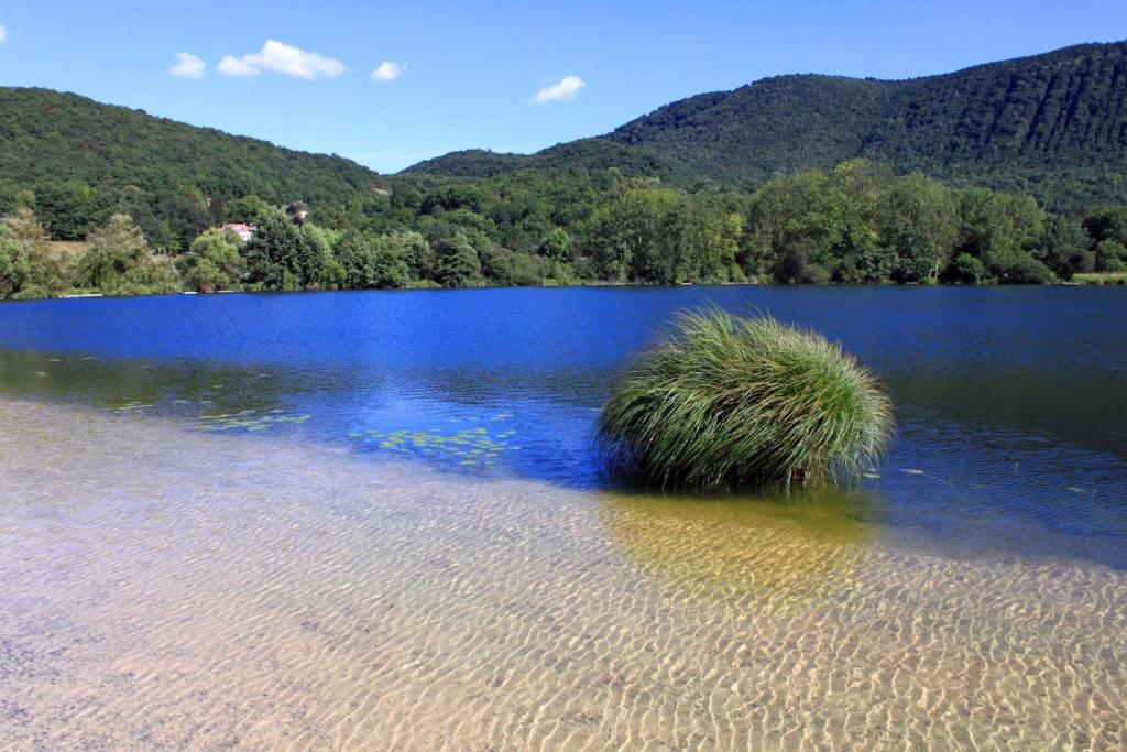 un gran lago azul con hierba en el agua en Maison Lac et Montagne, en Barbazan