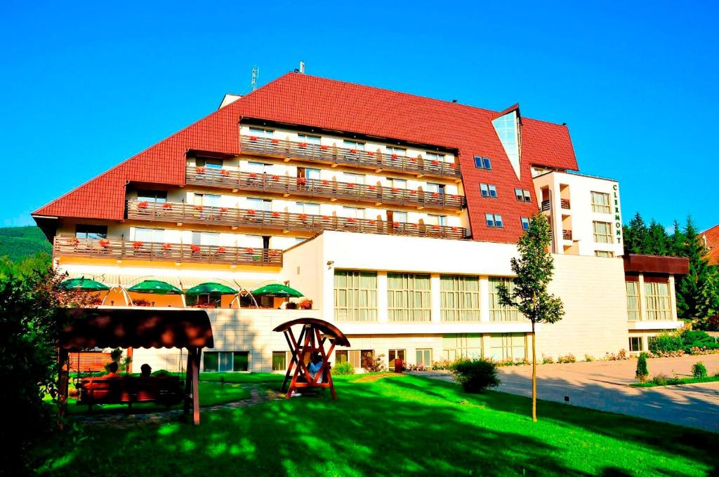 a large building with a large window in the middle of it at Hotel Clermont in Covasna