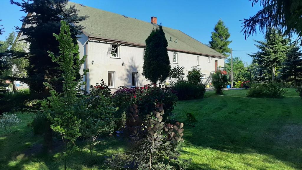 a white house with a garden in the yard at Noclegi u Przewodników - Zwiedzaczek in Lubawka