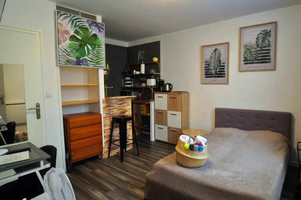 a living room with a bed and a kitchen at Beaublache Résidence studios meublés in Grenoble