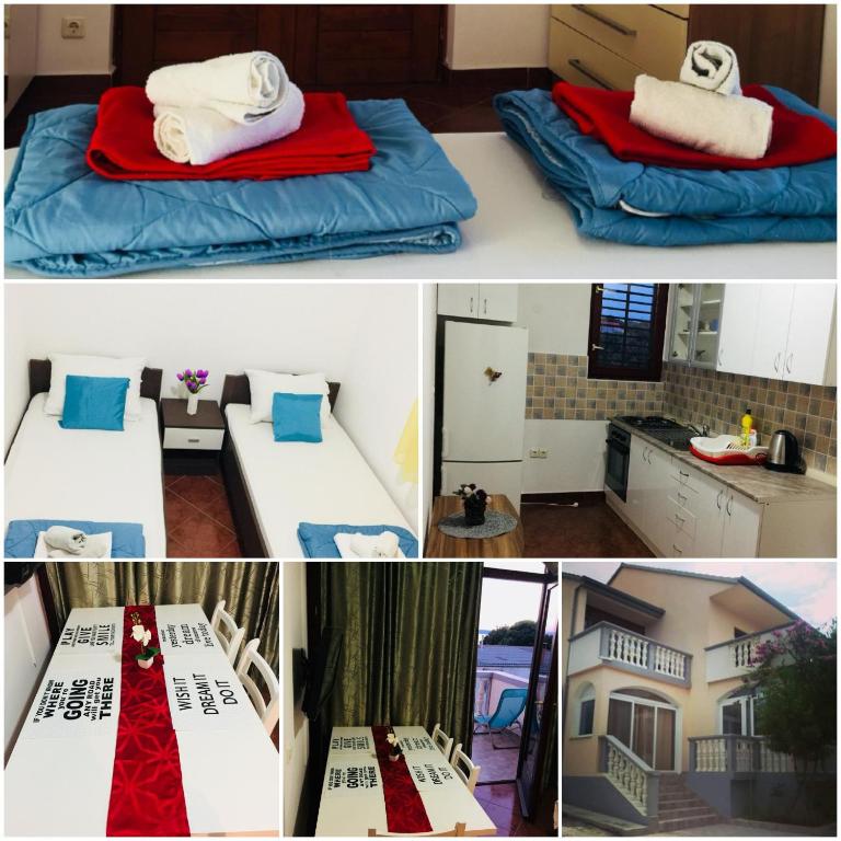two pictures of a room with a bed and a kitchen at Apartman Vukoja Pakostane in Pakoštane