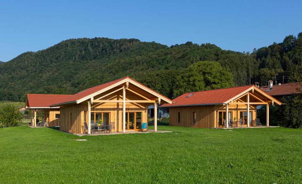 two houses in a field with a mountain in the background at Niederauer Hof in Neubeuern