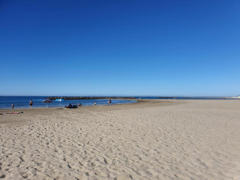 カップ・ダグドにあるVilla au calme à 200m de la plage de Rochelongueの海と海の人々の砂浜